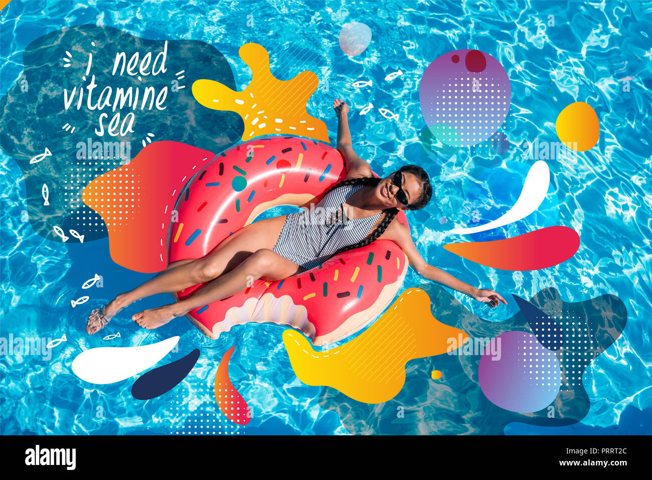 Young Asian Woman Floating On Inflatable Donut In Swimming Pool