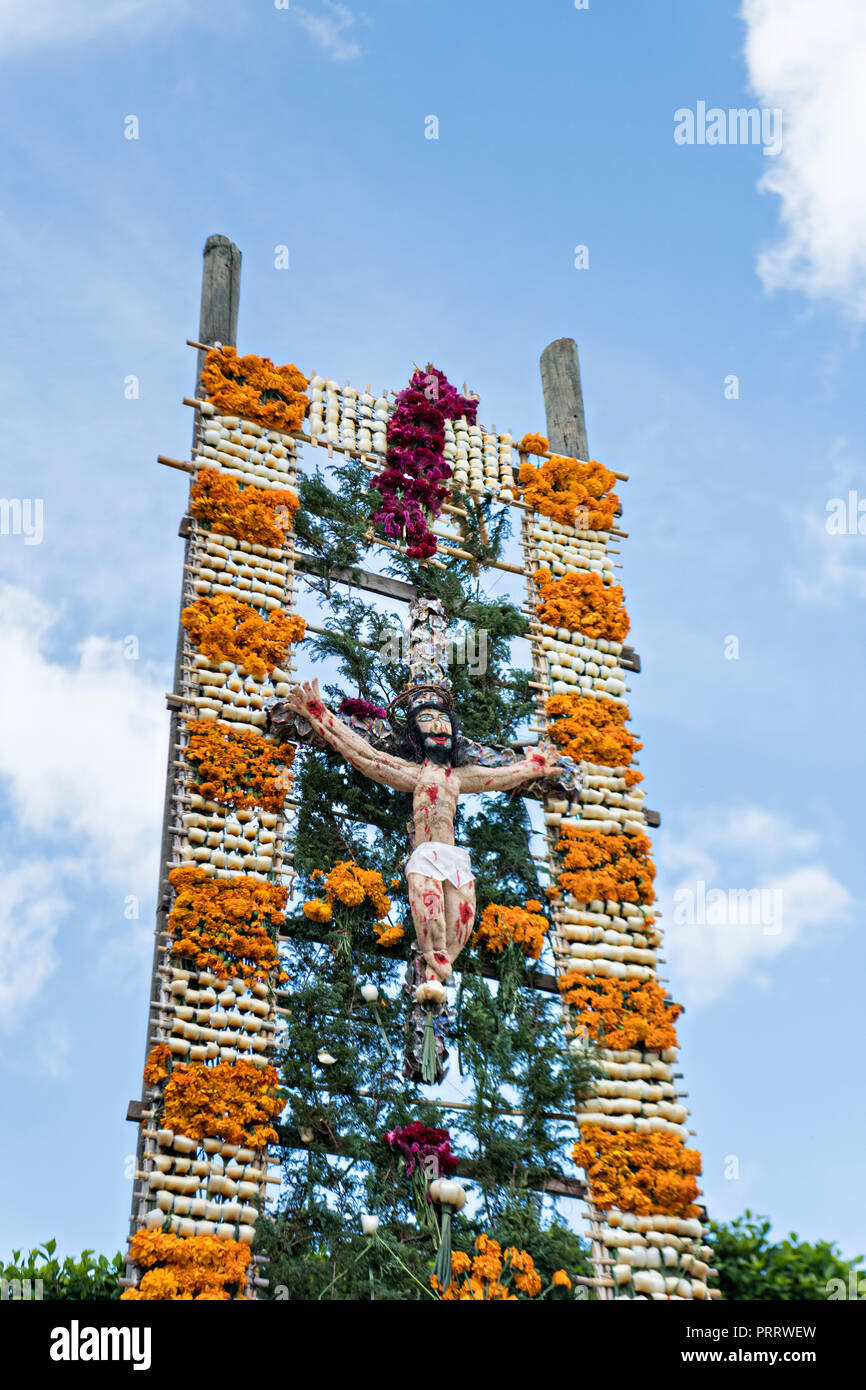 Giant Xuchiles, complex braided offerings made from called agave fibers and marigolds, on display at the Parroquia San Miguel Archangel Church celebrating the cities patron saint during the Feast of Saint Michael September 30, 2018 in San Miguel de Allende, Mexico. The festival is a four-day long event with processions, parades and a late night fireworks battle. Stock Photo