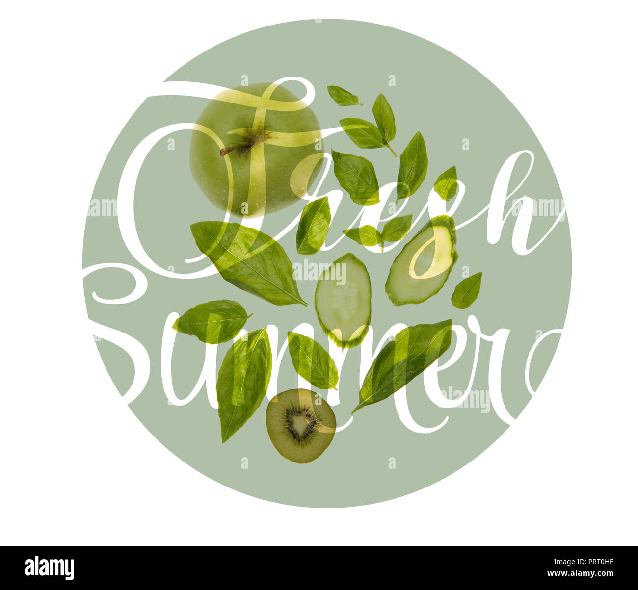 different organic green fruits and vegetables isolated on white with 'fresh summer' lettering Stock Photo