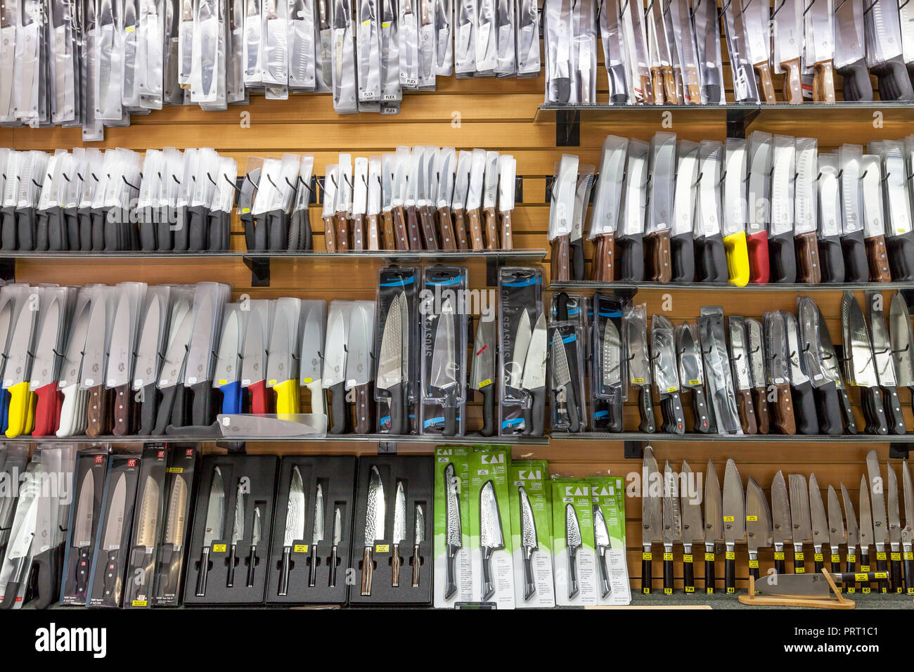 Display of knives in a Ross Cutlery store on Broadway Street in Los Angeles, CA, USA Stock Photo