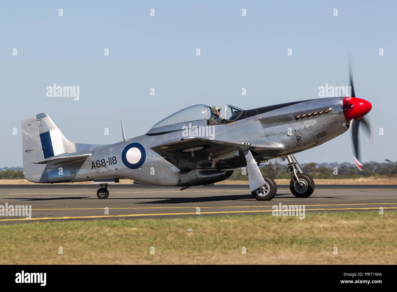 Former Royal Australian Air Force (RAAF) Commonwealth Aircraft Corporation CA-18 Mustang VH-AGJ (North American P-51D Mustang) world war II fighter pl Stock Photo