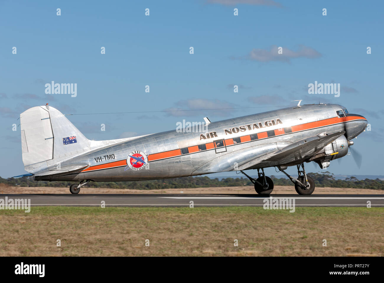 Vintage Douglas DC-3 airliner VH-TMQ operated by Air Nostalgia (Shortstop jet Charters). Stock Photo