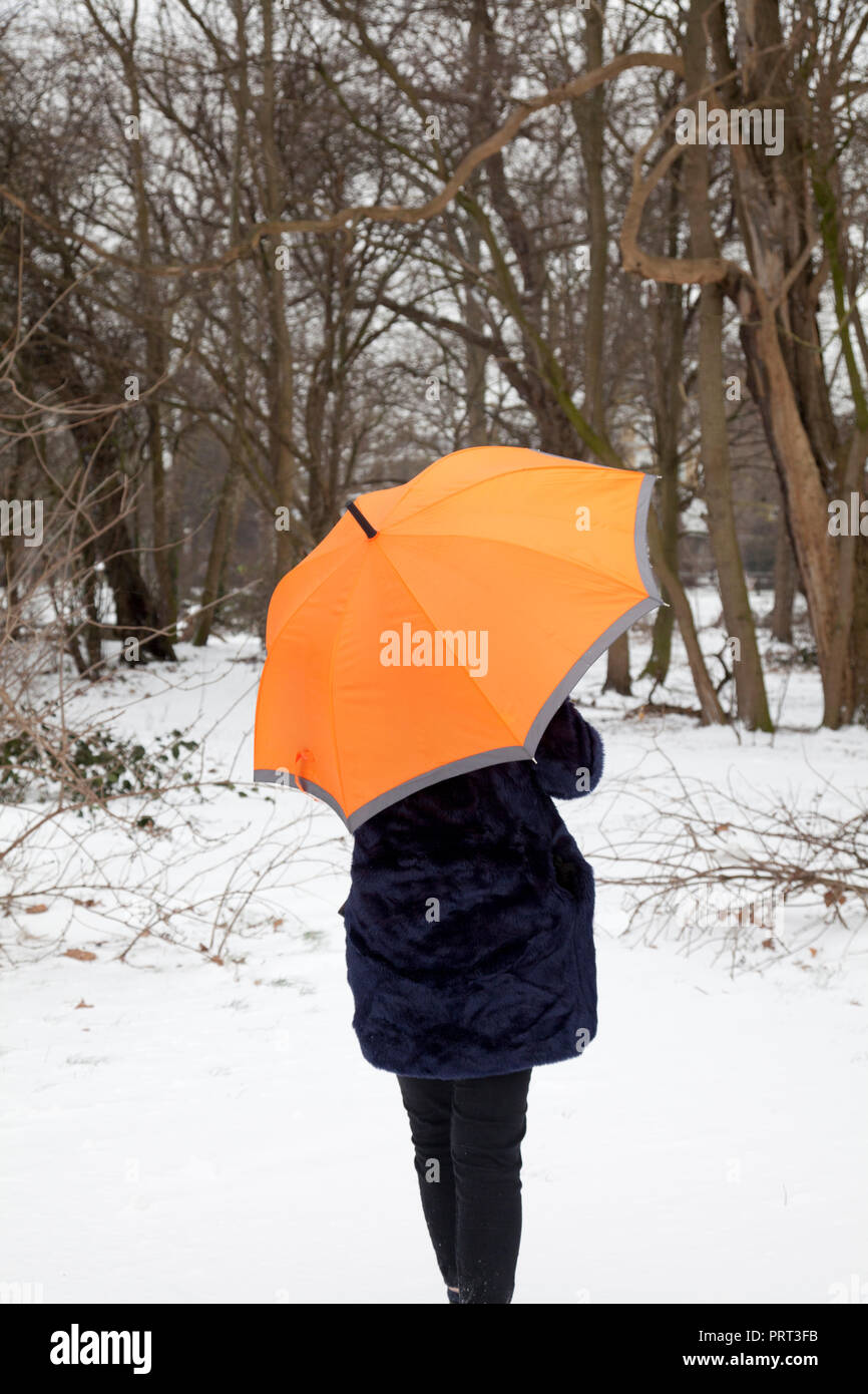 Woman with Umbrella in Snowy Park Stock Photo
