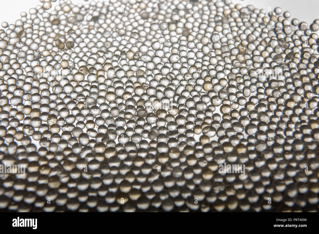 Macro of silica gel balls laying on white background.Its use to prevent