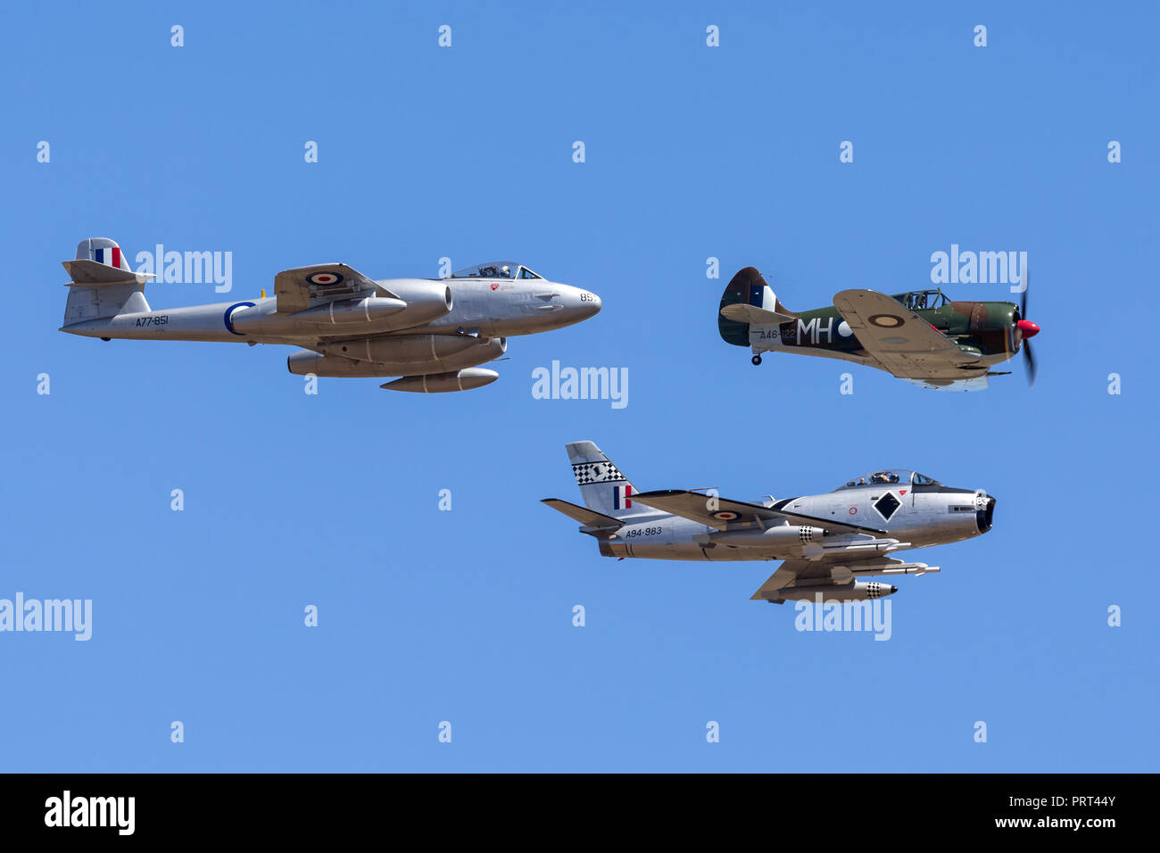 Former Royal Australian Air Force (RAAF) Commonwealth Aircraft Corporation CA-13 Boomerang fighter aircraft VH-MHR leading a Gloster Meteor and CAC Sa Stock Photo