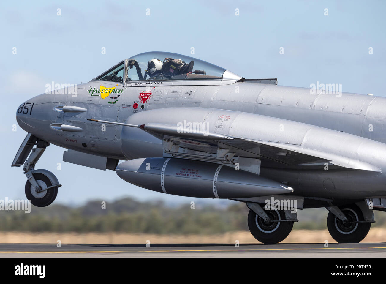 Gloster Meteor F.8 aircraft VH-MBX in Korean War era Royal Australian Air Force (RAAF) markings. Stock Photo