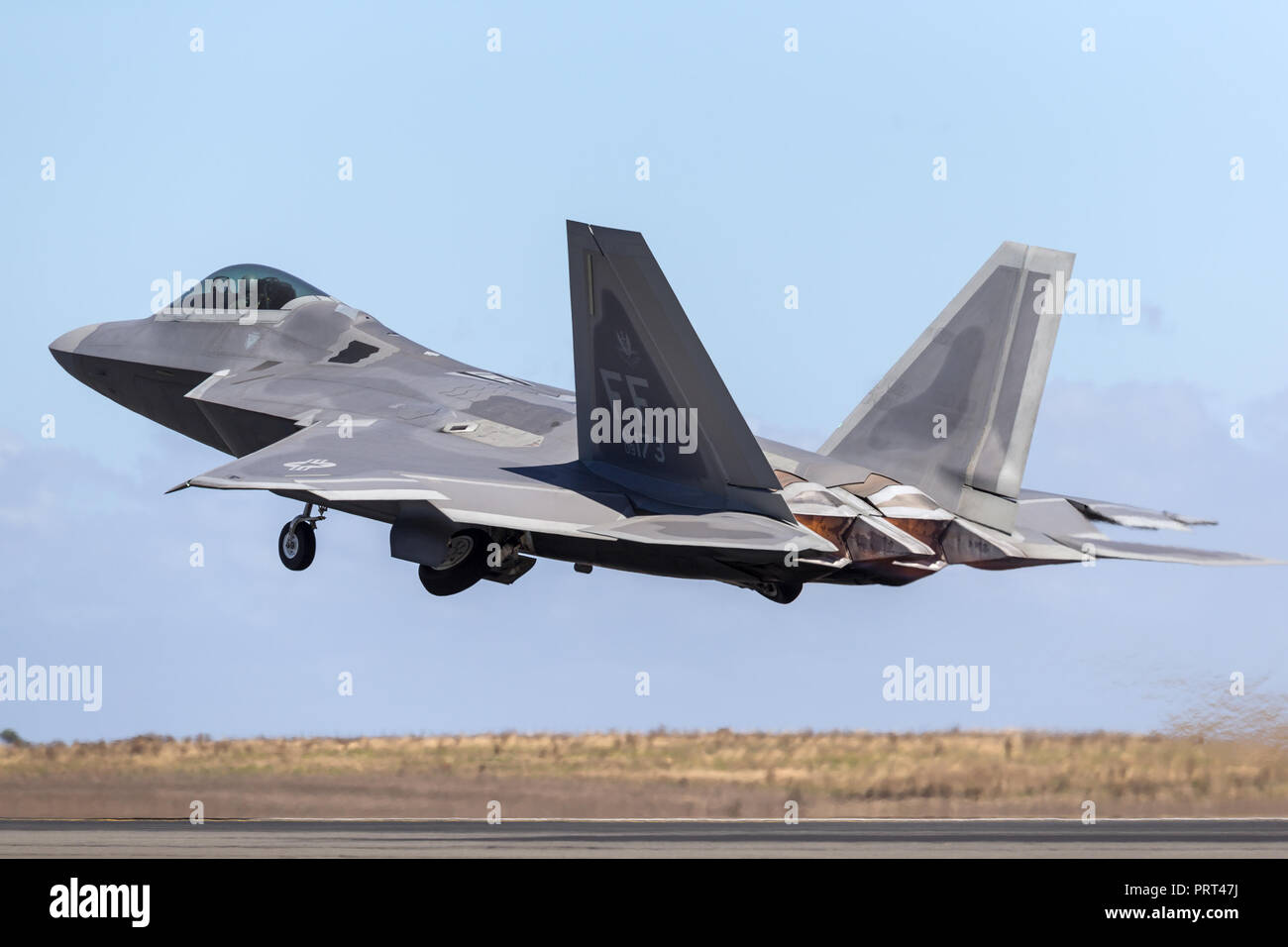 United States Air Force (USAF) Lockheed Martin F-22A Raptor fifth-generation, single-seat, twin-engine, stealth tactical fighter aircraft. Stock Photo