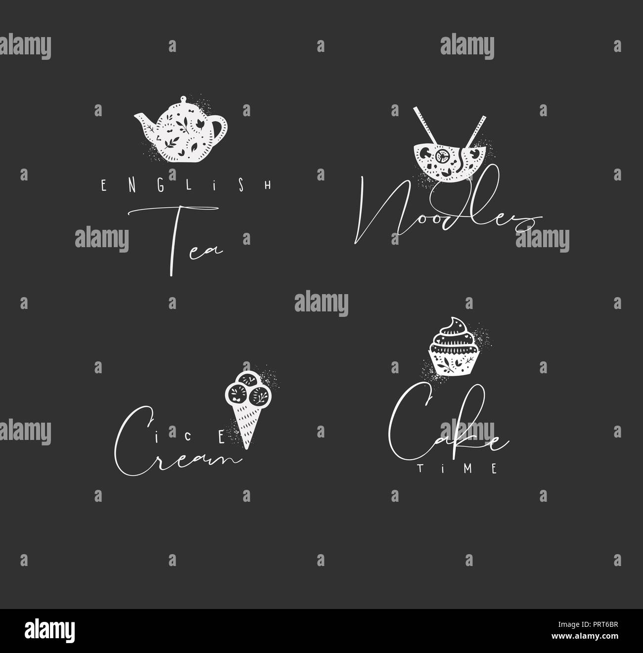 Food sign lettering english tea, noodles, ice cream, cake time drawing in minimalism style on dark background Stock Vector