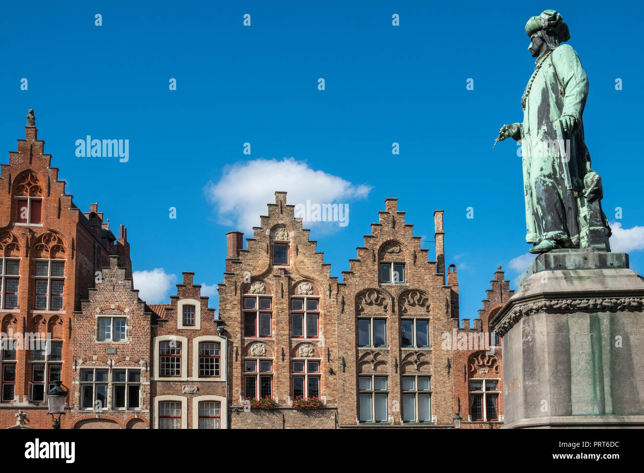 Statue and memorial for Bruges painter Jan van Eyck, located in Jan van Eyck Square, Bruges (Brugge), Flanders, Belgium Stock Photo