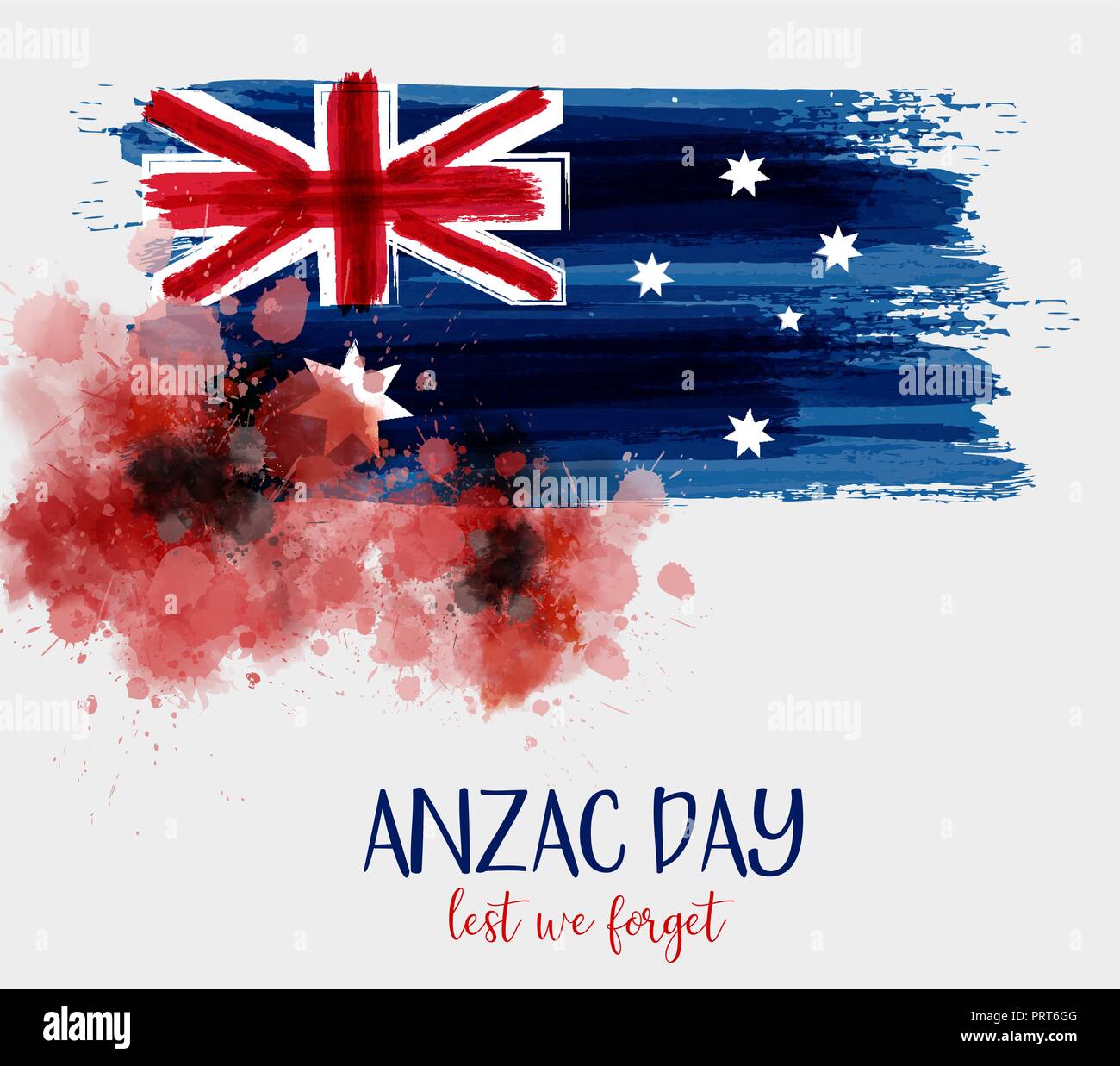 Anzac Day background with grunge watercolor Australia flag and two red poppy flowers. Remembrance symbol. Lest we forget. Stock Vector