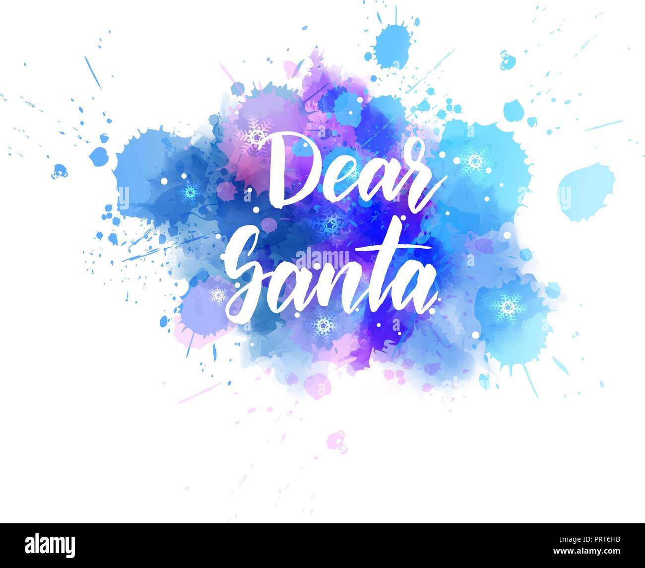 Dear Santa - handwritten modern calligraphy text on watercolor paint splash in blue colors Stock Vector