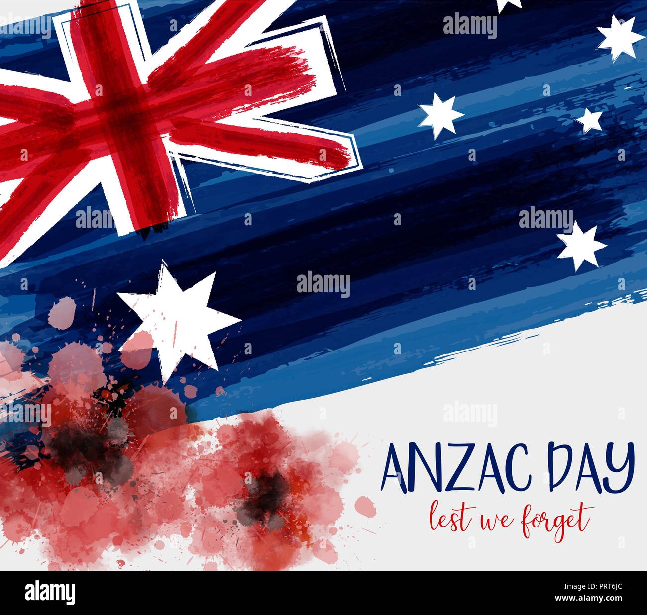 Anzac Day background with grunge watercolor Australia flag and two red poppy flowers. Remembrance symbol. Lest we forget. Stock Vector