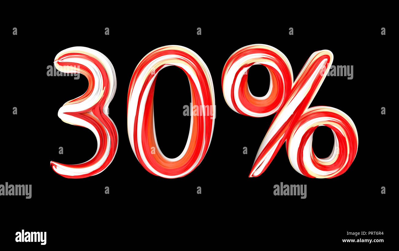 Candy text 30 % on black background. Brushstroke red-white text of 30 ...