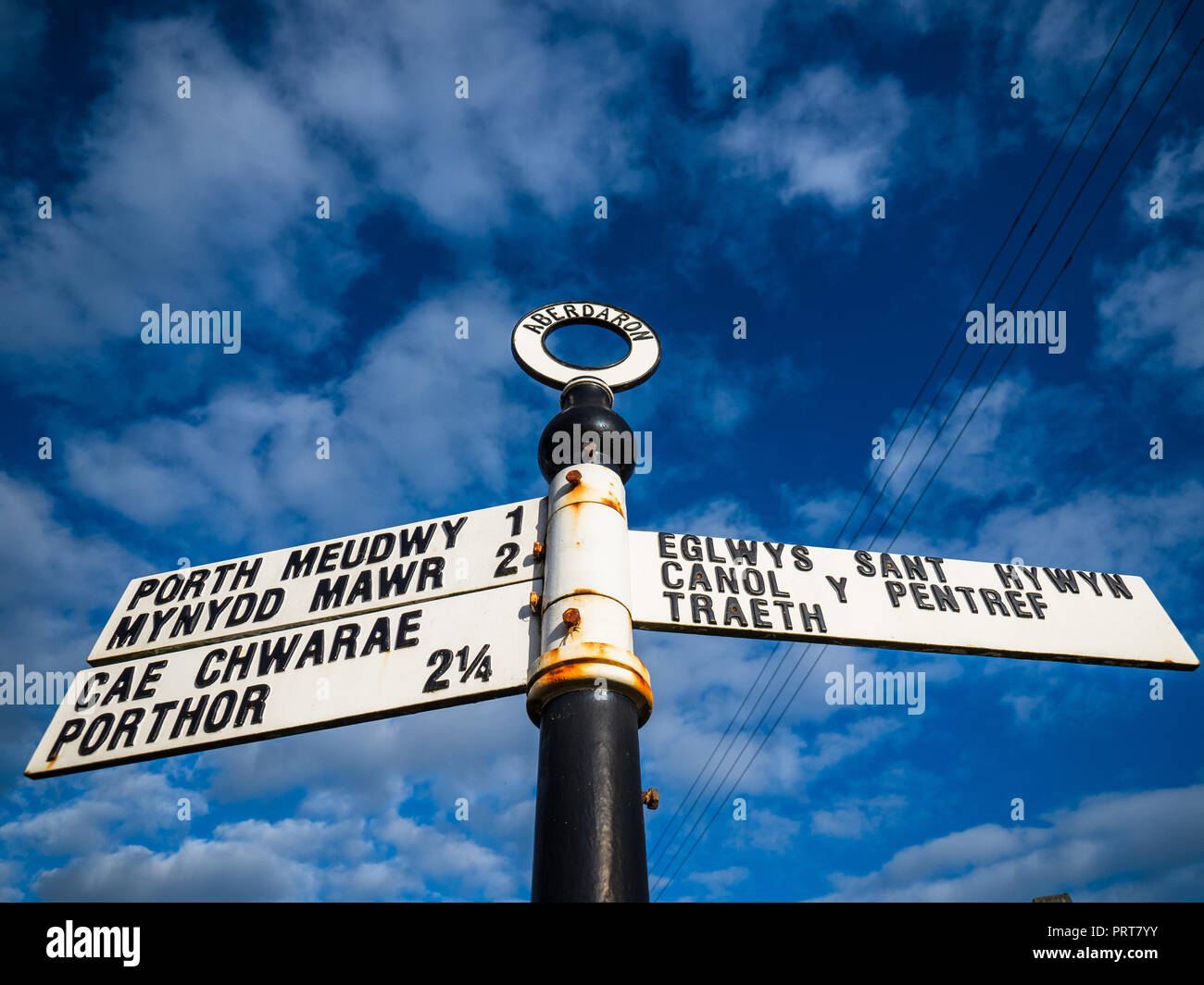 Welsh Road Signs - Aberdaron on the Llyn Peninsula in North Wales Stock Photo