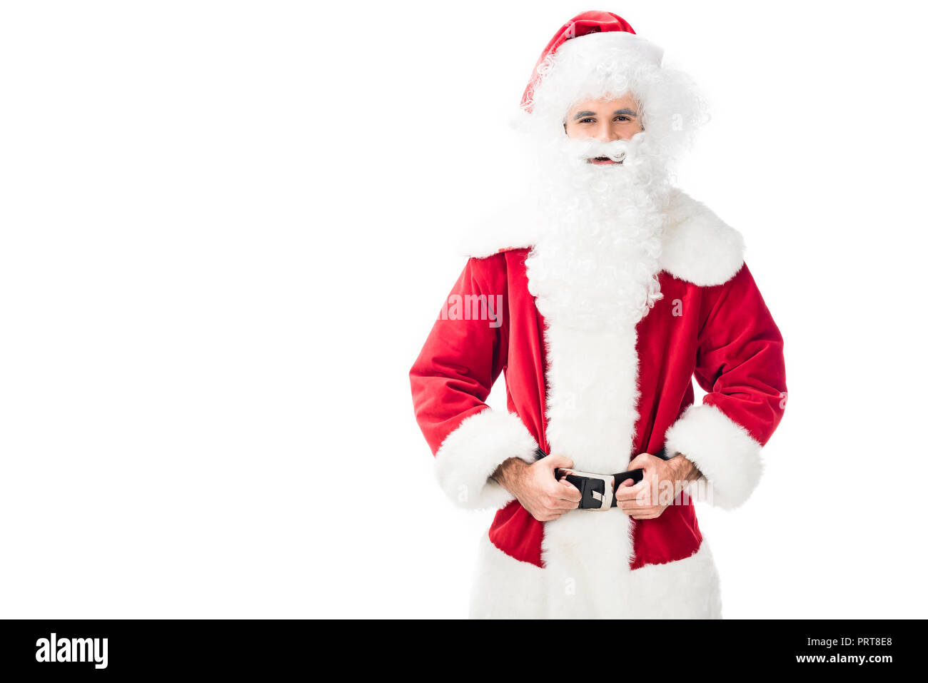 happy santa claus in traditional costume isolated on white background