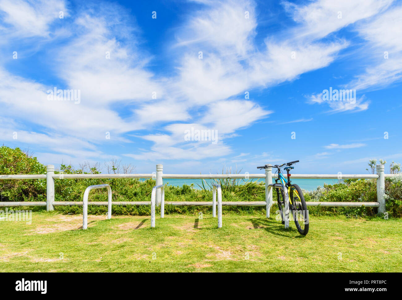 Bike in a cycle rack overlooking Trigg Beach, Trigg, Western Australia Stock Photo