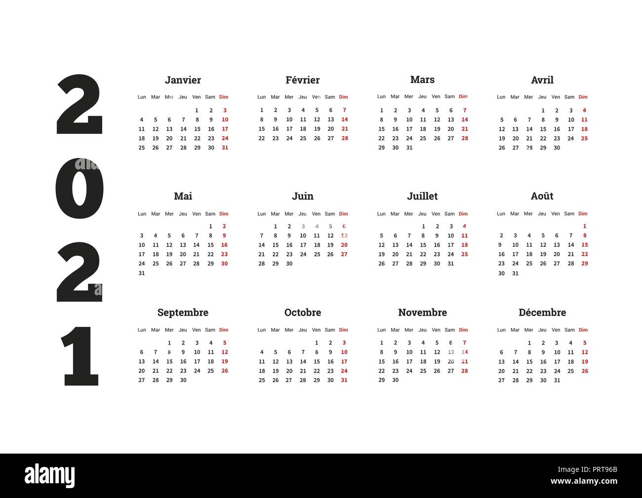 2021 year simple calendar on french language, isolated on white Stock Vector