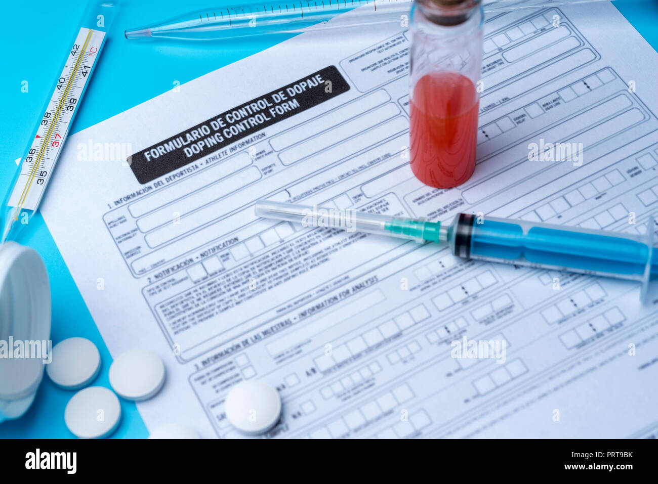 Blank doping control, syringe and blood closeup. Medical research