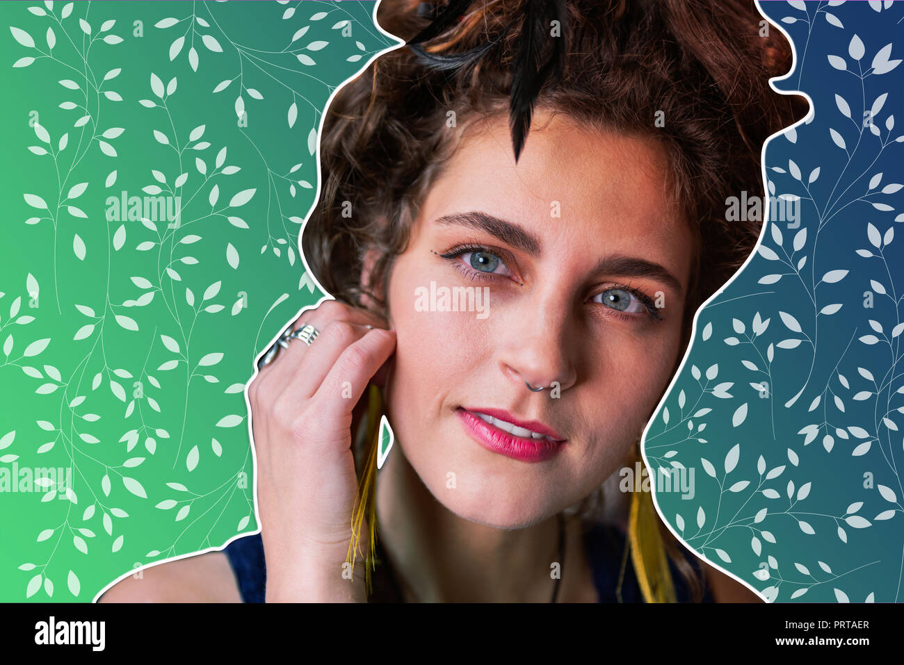 Bright lady posing on the colorful background Stock Photo