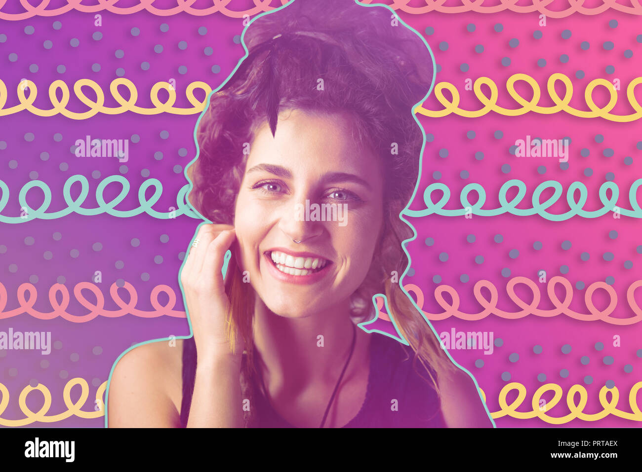 Cheerful lady posing on the unusual background Stock Photo - Alamy