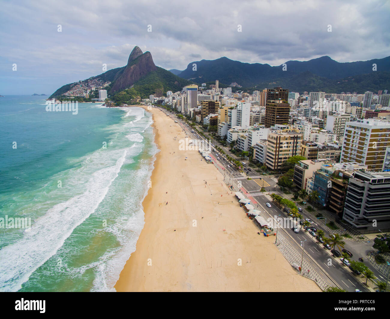 Leblon Beach and Vidigal slum in the background, Rio de Janeiro Brazil. Cloudy day. Without sun. Stock Photo