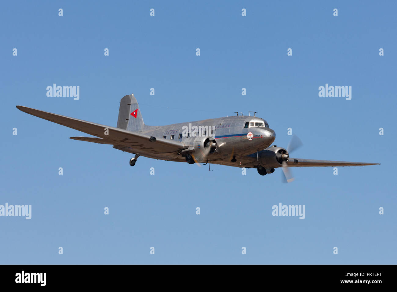 Vintage Douglas DC-3C airliner VH-AES in Trans Australian Airlines livery. Stock Photo