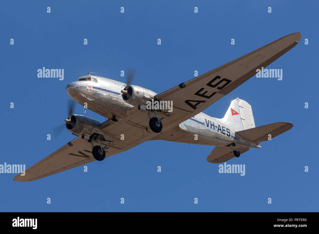 Vintage Douglas DC-3C airliner VH-AES in Trans Australian Airlines livery. Stock Photo