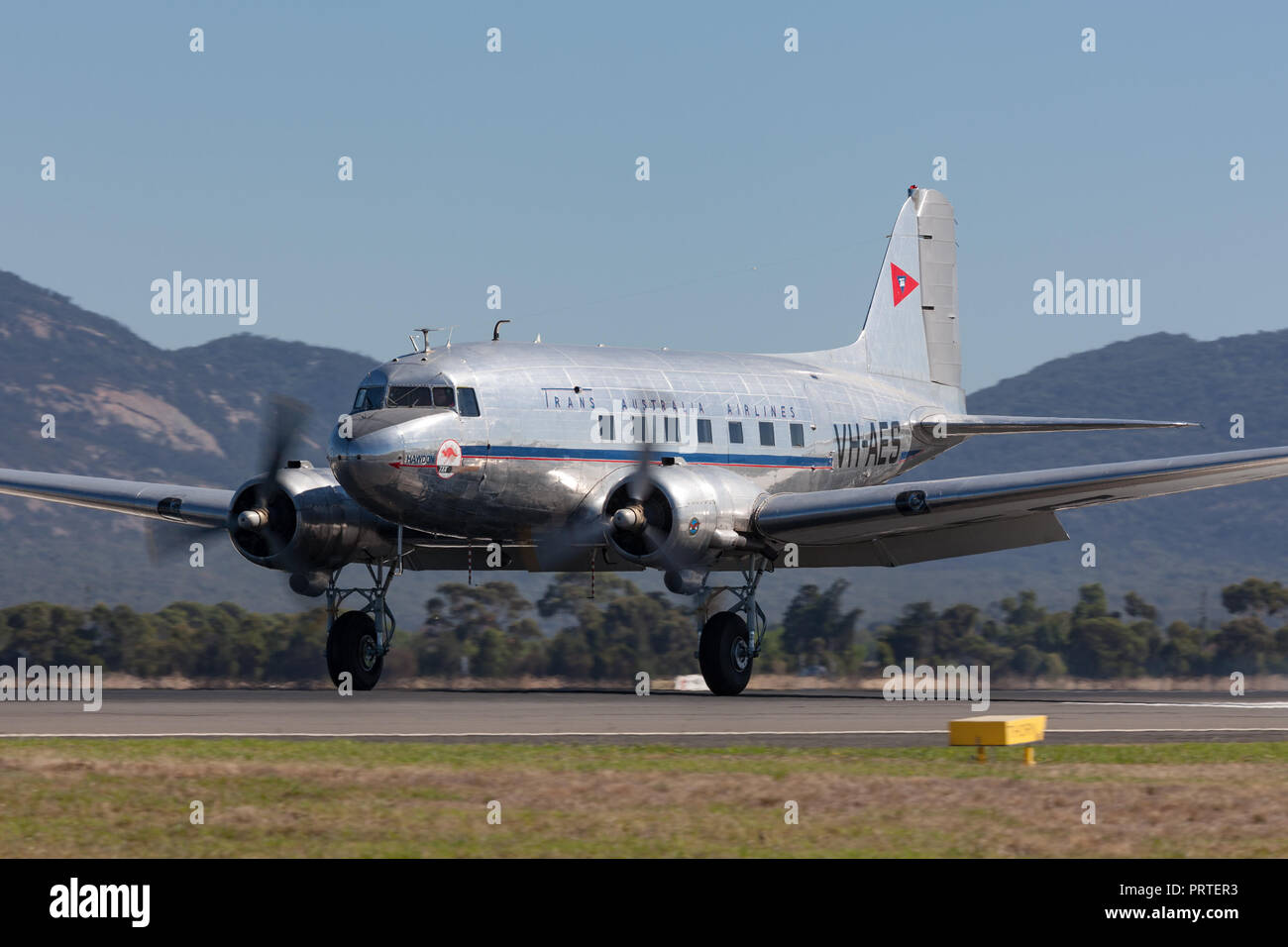 Vintage Douglas DC-3C airliner VH-AES in Trans Australian Airlines livery. Stock Photo