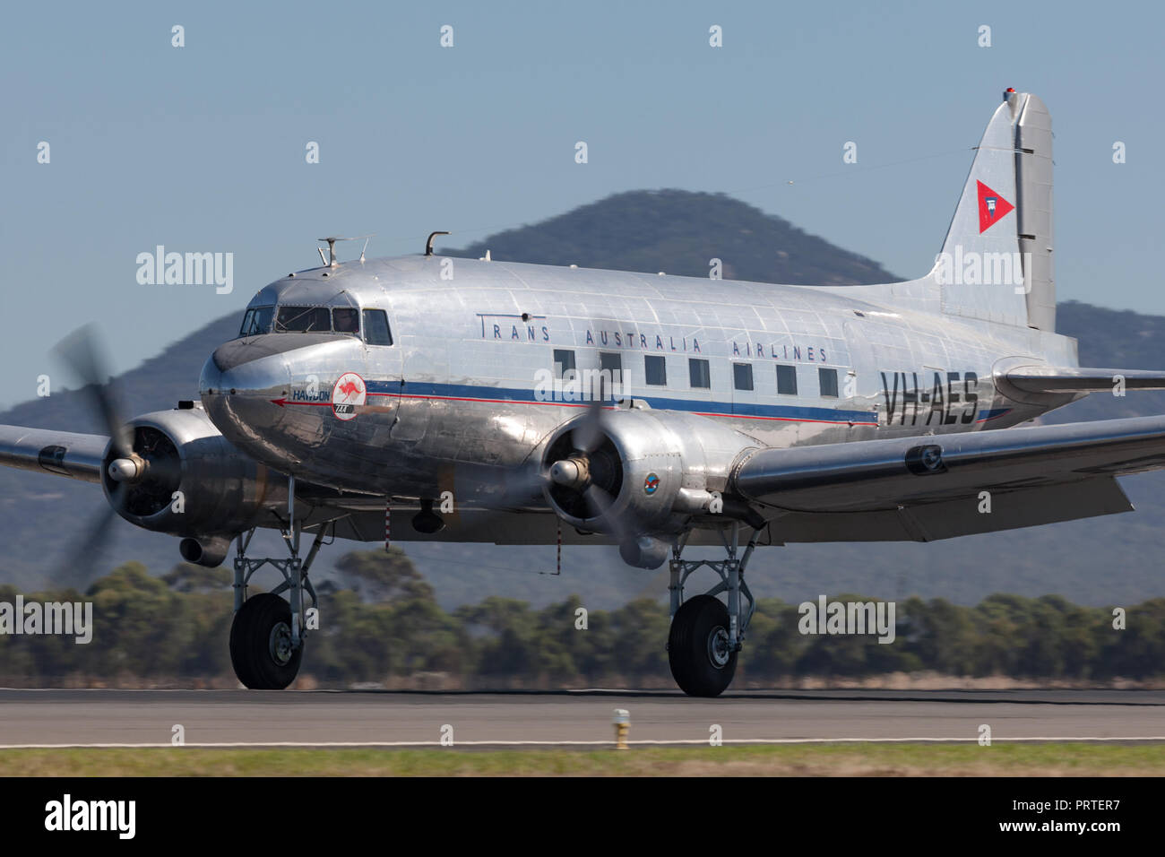 Vintage Douglas DC-3C airliner VH-AES in Trans Australian Airlines livery. Stock Photo