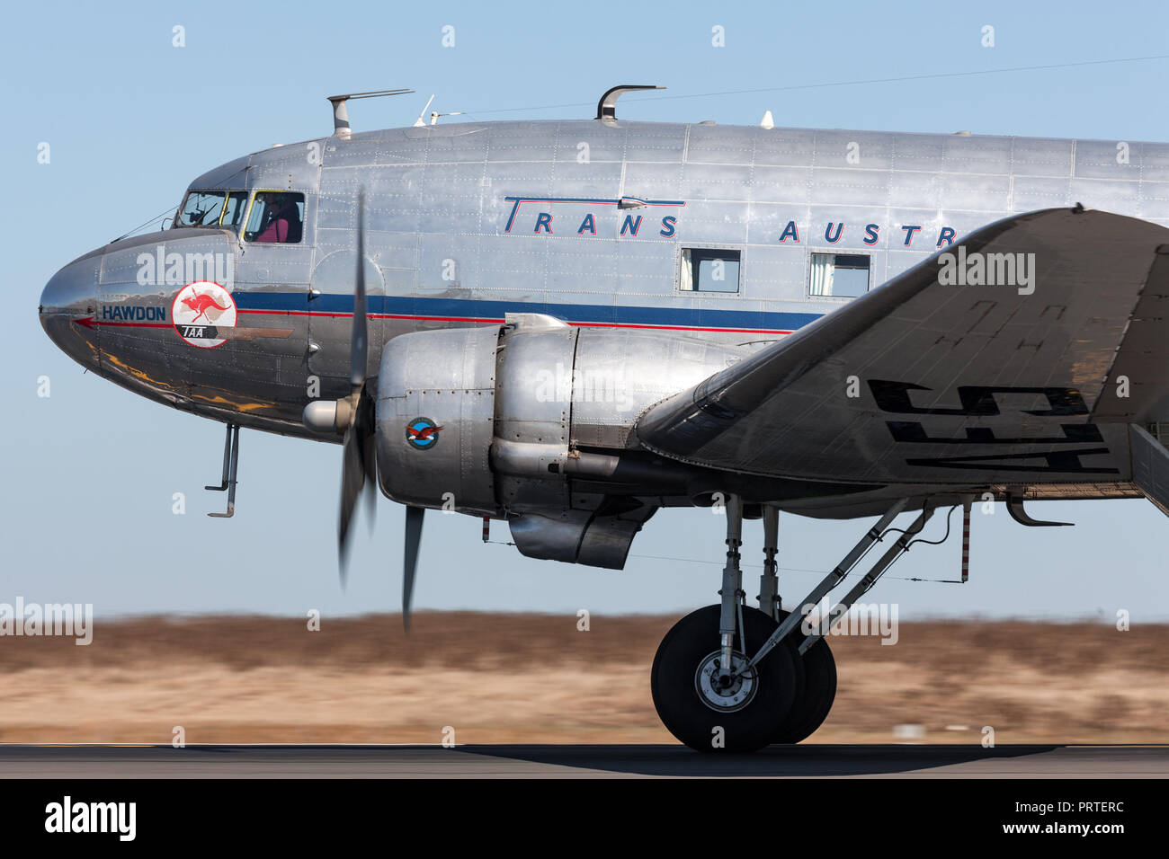 Vintage Douglas DC-3C airliner VH-AES in Trans Australian Airlines livery. Stock Photo