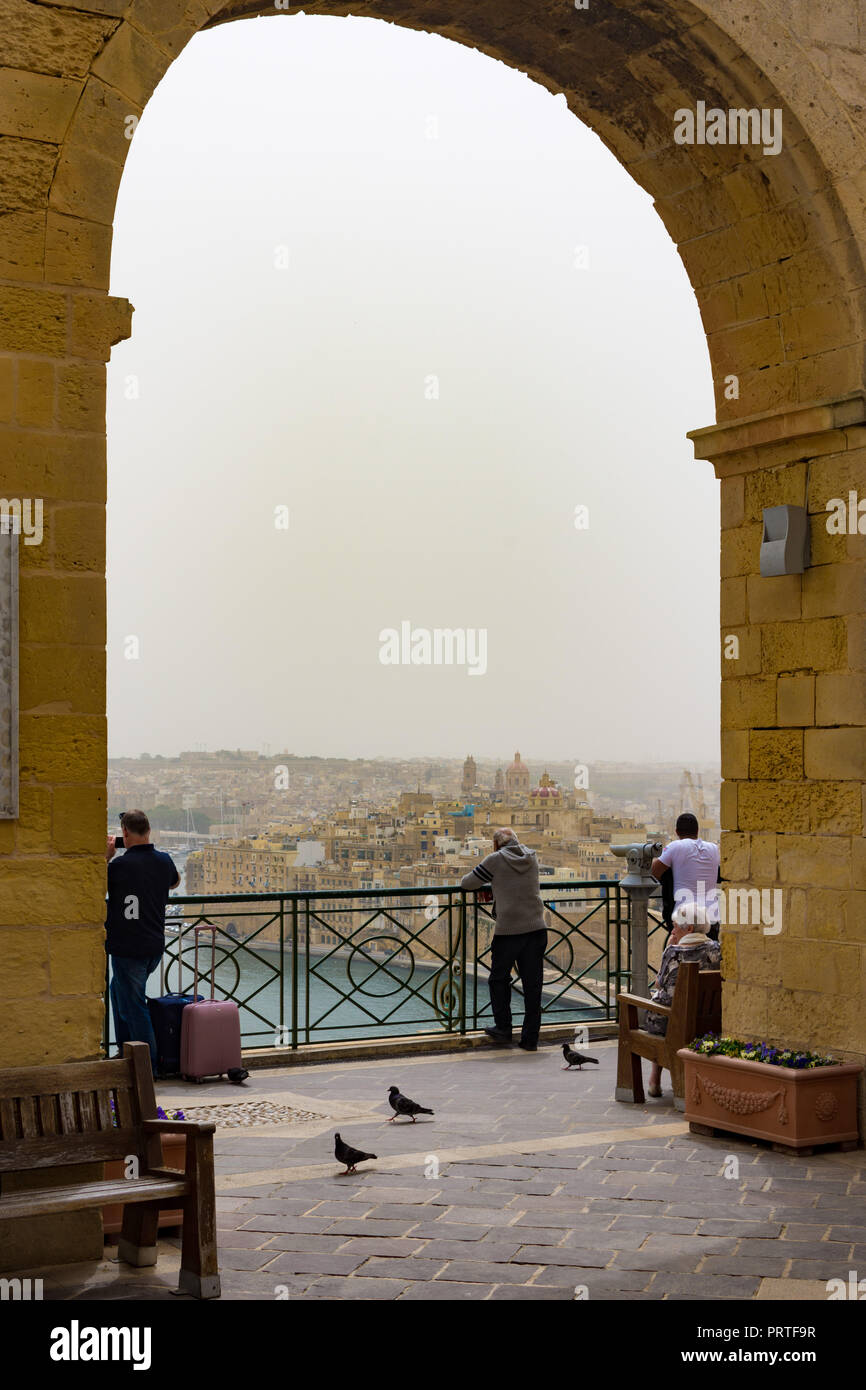 Valletta Malta, looking through the arches above Saluting Battery Stock Photo