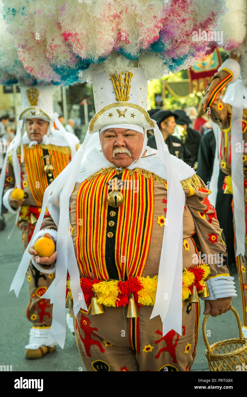 gilles binche belgium traditional head-dress costume Stock Photo