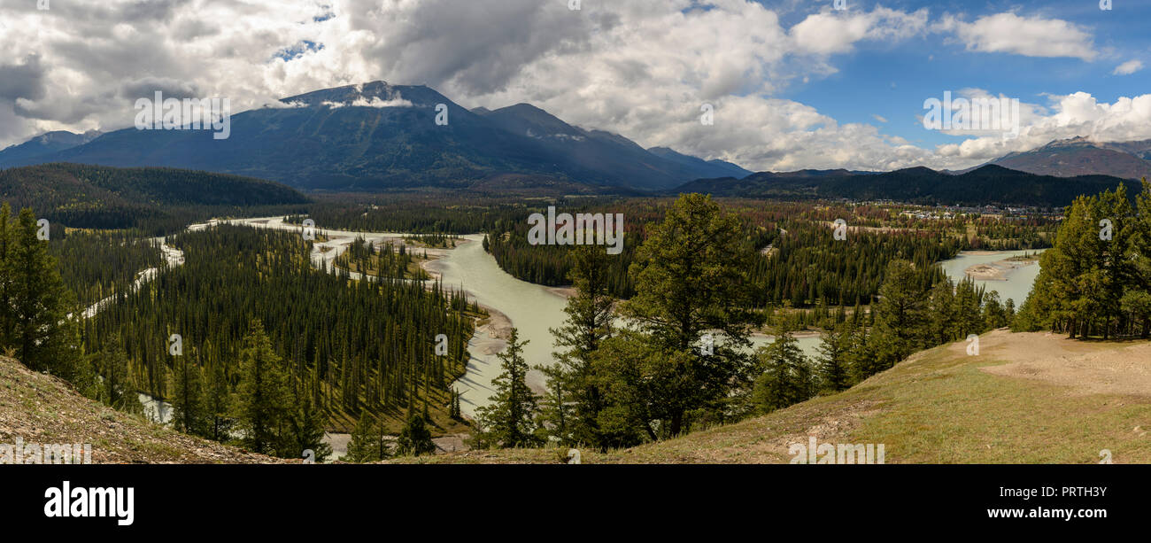 Panoramic view of the Athabasca River from Old Fort Point Trail, Jasper Stock Photo