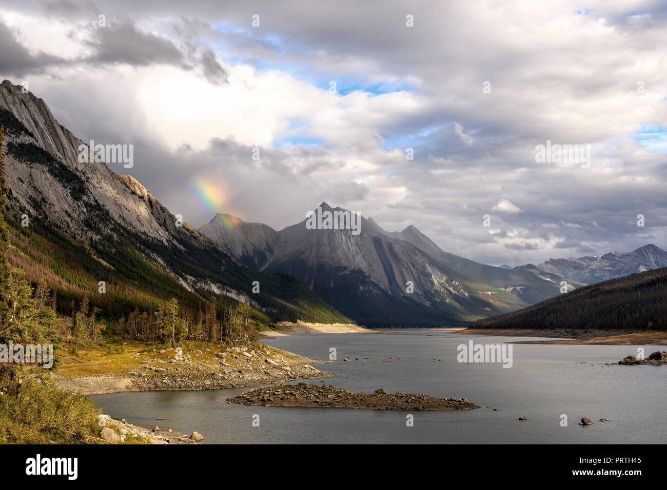 Medicine Lake and small rainbow, Jasper Stock Photo