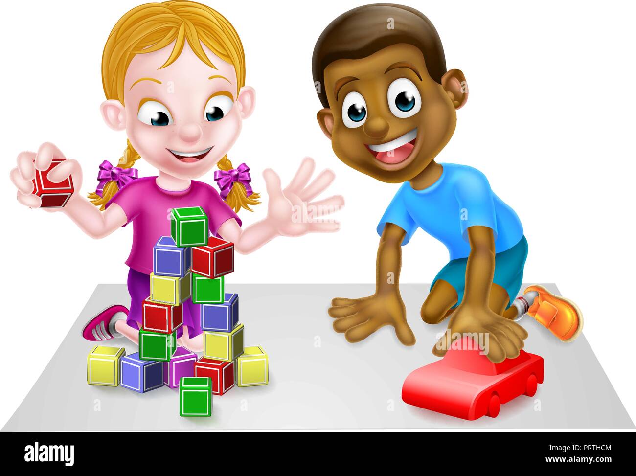 Cartoon Boy and Girl Playing with Car and Blocks Stock Vector