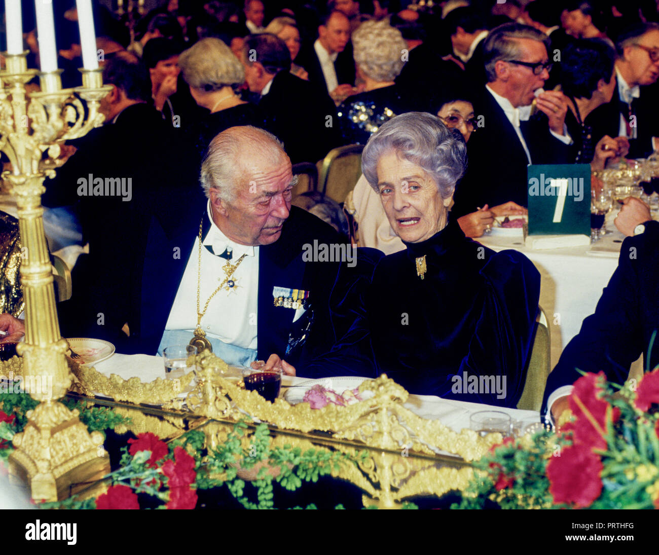 RITA LEVI MONTALCINI Italian Nobel Laureate in medicine at Nobel dinner in Stockholm City hall with the Swedish Prince Bertil at the table.She was the Stock Photo