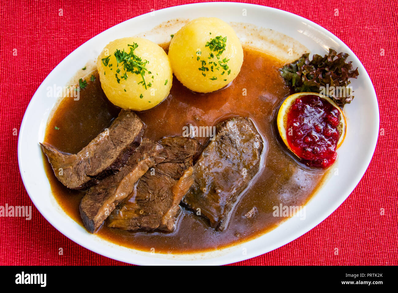Franconian Sauebraten, beef marinated in vinegar and herbs, Elke's Bierstadl im Kettensteg, Nuremberg, Germany Stock Photo
