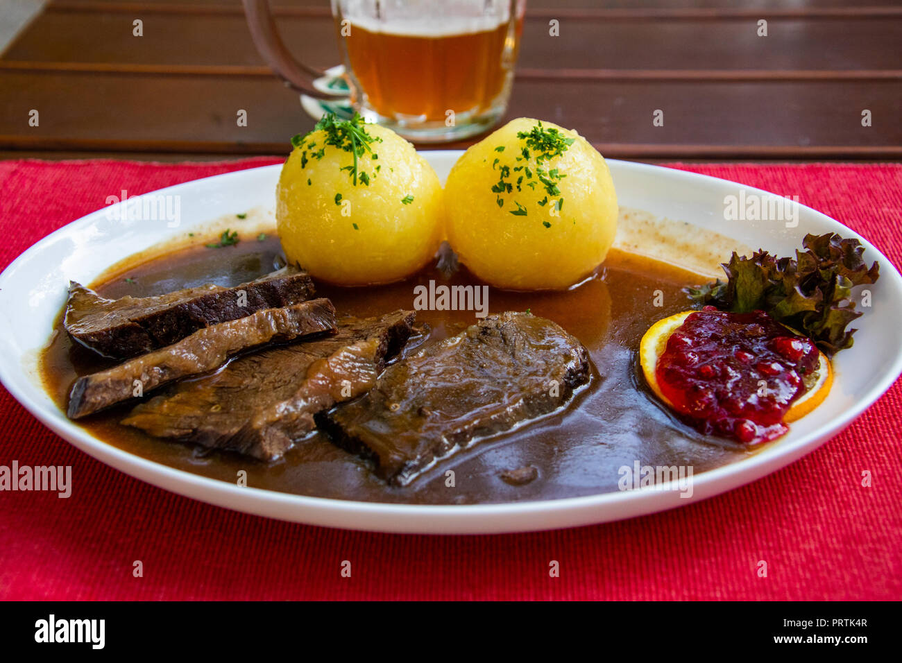 Franconian Sauebraten, beef marinated in vinegar and herbs, Elke's Bierstadl im Kettensteg, Nuremberg, Germany Stock Photo