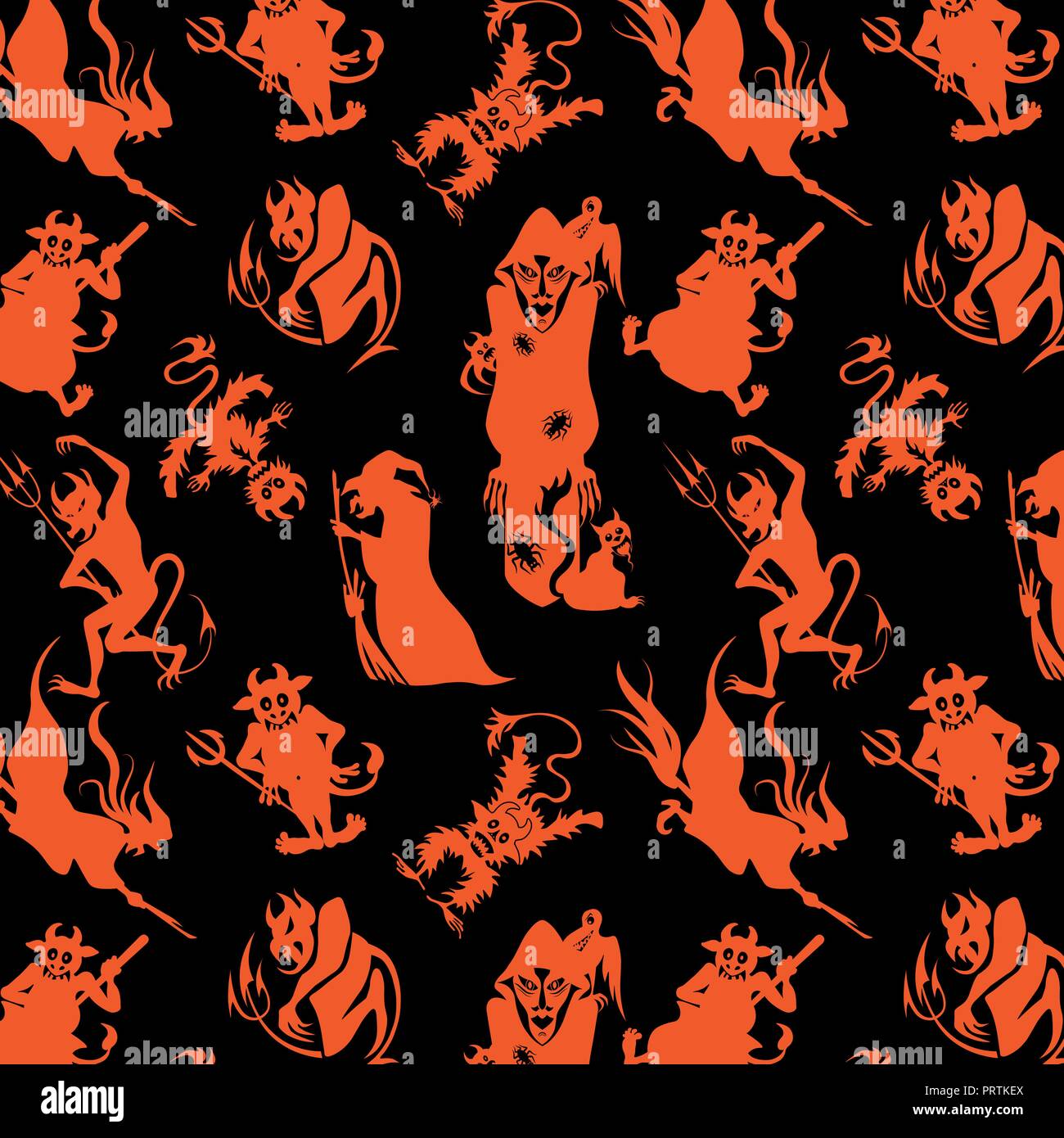 Halloween orange festive seamless pattern. Endless background with pumpkins, skulls, bats, spiders, ghosts, bones, candies, spider web and speech bubb Stock Vector