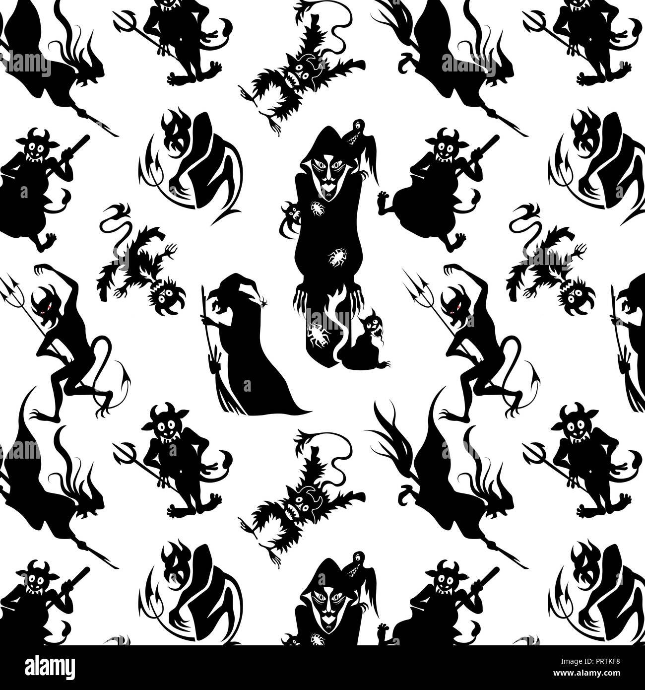 Vector illustration Black and white seamless background abstract pattern for halloween with pumpkin, candy, ghost, spider, bat, witch hat, cat, owl, c Stock Vector