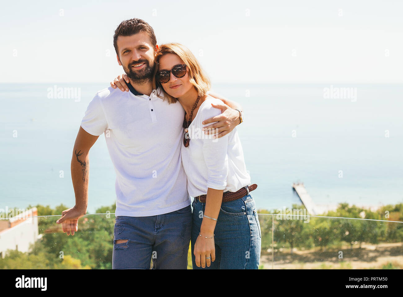 Couple by seaside terrace, Odessa, Ukraine Stock Photo