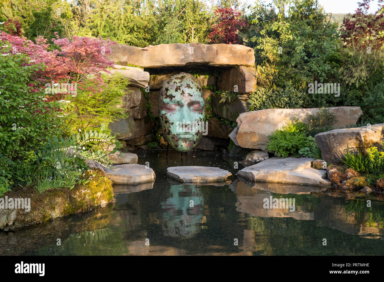 Japanese Zen garden with Leaf Spirit sculpture by Simon Gudgeon, large