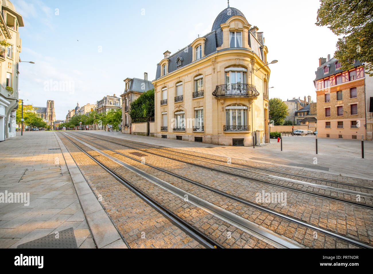 Street View With Beautiful Old Buildings In Reims City In Champagne Ardenne Region France Stock Photo Alamy