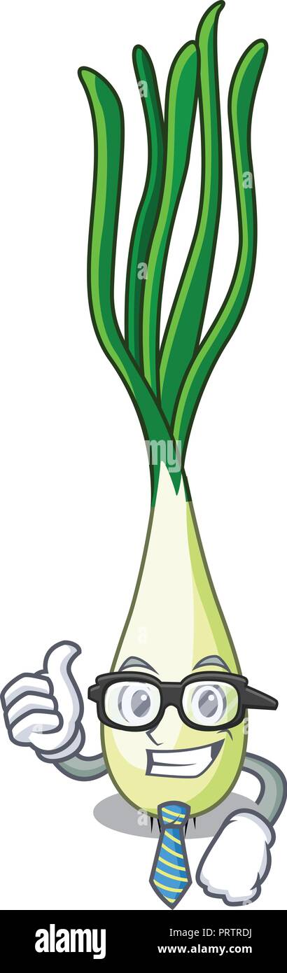 Businessman cartoon fresh green onions on cutting board Stock Vector