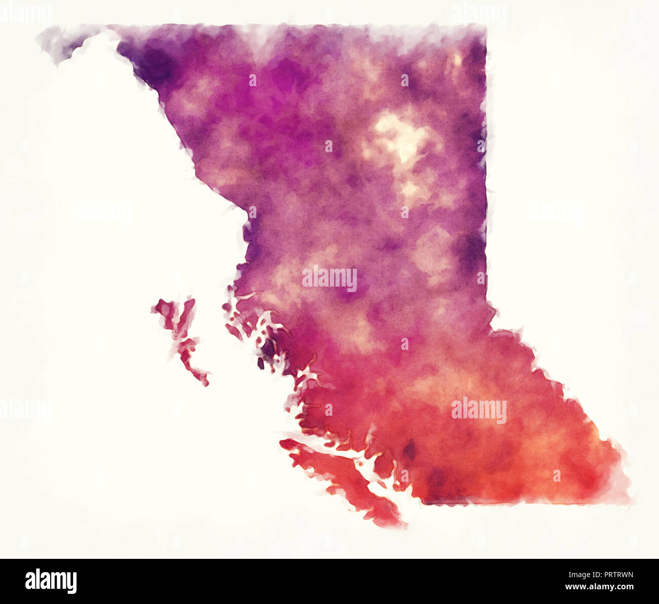 British Columbia Province watercolor map of Canada in front of a white background Stock Photo