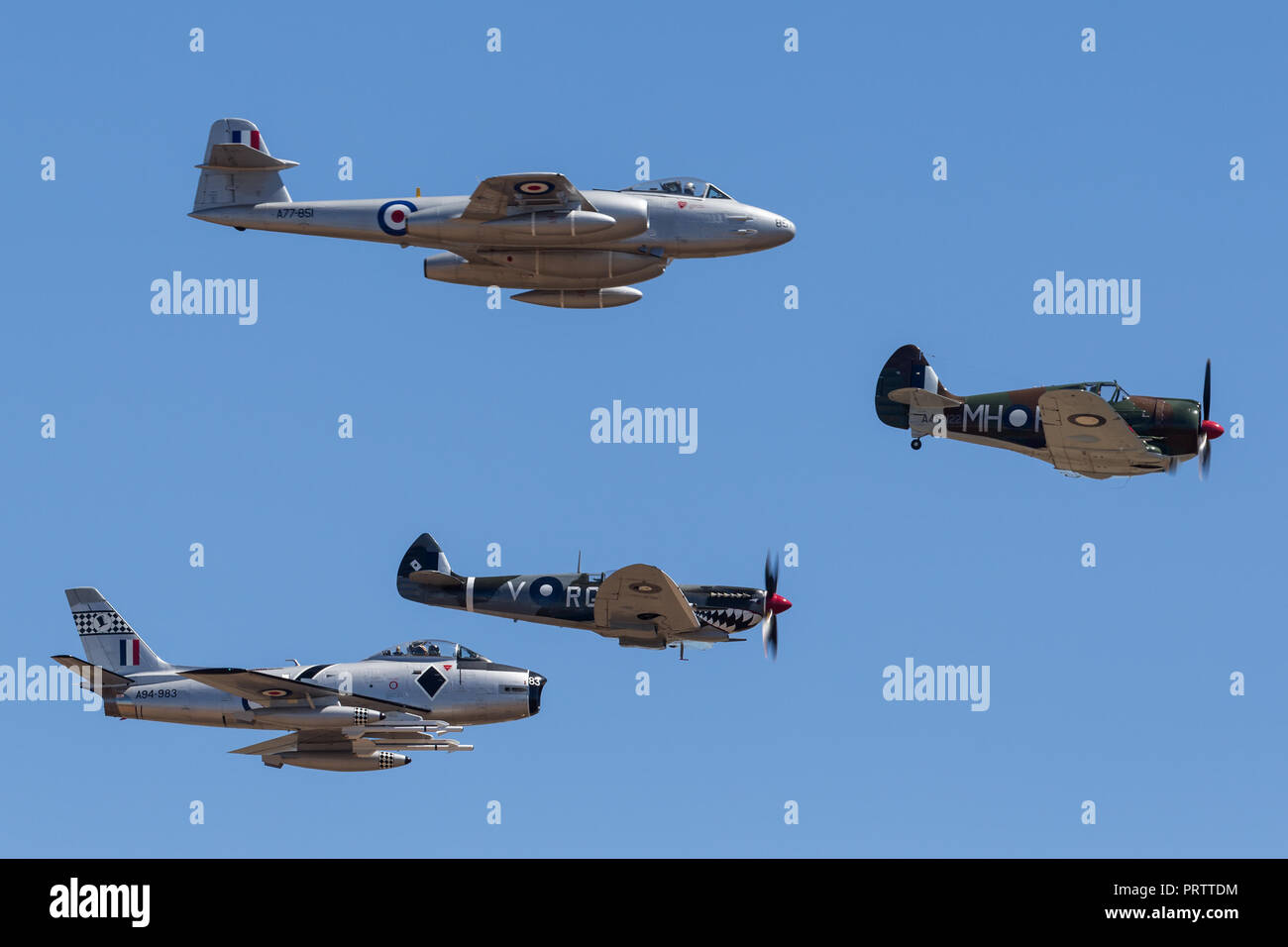 Former Royal Australian Air Force (RAAF) Commonwealth Aircraft Corporation CA-13 Boomerang leading a Supermarine Spitfire, Gloster Meteor and CAC Sabr Stock Photo