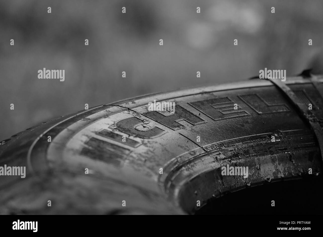 One of the many old tyres strapped together to be used as crash barriers at motor sport venues. Stock Photo