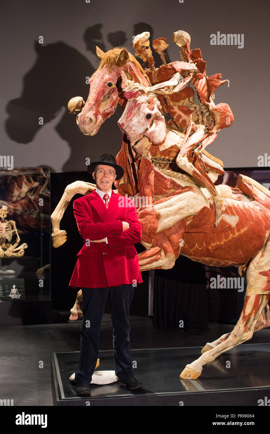 Dr Gunther von Hagens with 'Rearing Horse and Rider' at the launch of the Body Worlds museum, in Piccadilly, London. Stock Photo