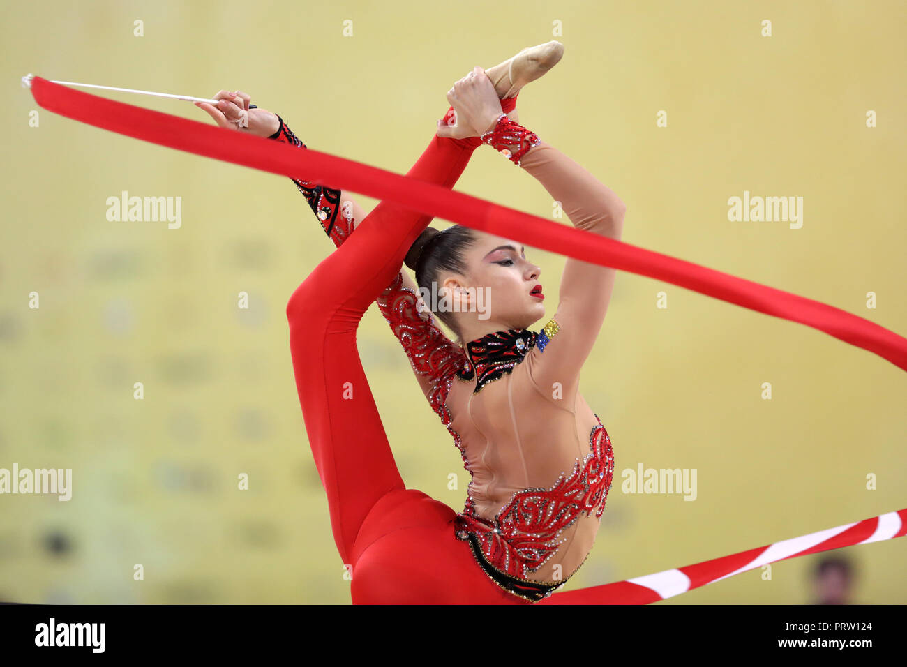 Sofia, Bulgaria - 14 September, 2018: Vlada NIKOLCHENKO from Ukraine performs with ribbon during The 2018 Rhythmic Gymnastics World Championships. Ind Stock Photo