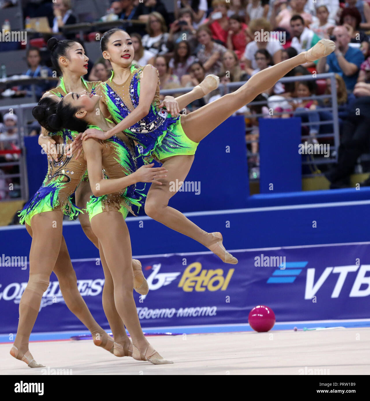 Sofia, Bulgaria - 15 September, 2018: Team Republic of Korea performs during The 2018 Rhythmic Gymnastics World Championships. Group tournament. Stock Photo